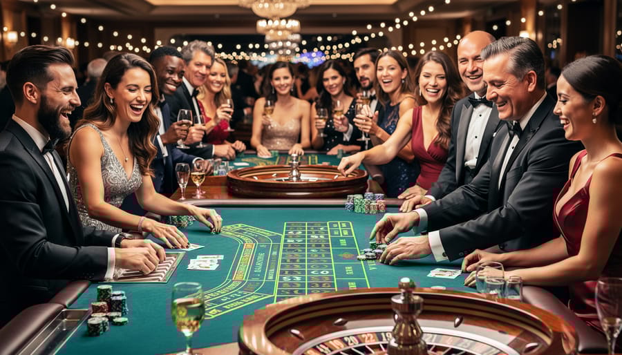 Elegant wedding reception featuring casino gaming tables with guests in formal attire