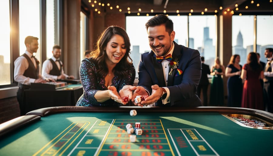 LGBTQ+ newlyweds roll dice together at an emerald craps table during a casino-themed wedding reception in a modern Canadian loft, with dealers in bow ties, guests mingling under string lights, rainbow-accented décor, and a softly blurred city skyline.