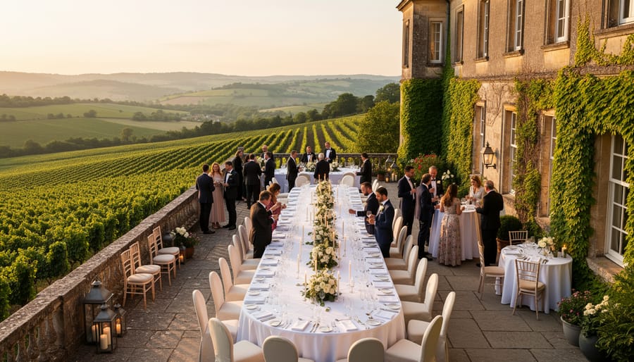 Wedding couple and decorated outdoor terrace at a historic manor estate in BC wine country
