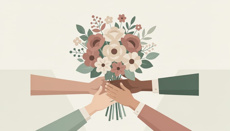 Diverse hands holding a bouquet with soft rainbow-toned wrapping