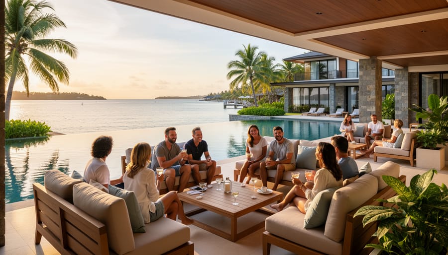 Wedding party at a lakeside resort ceremony with chairs facing calm water