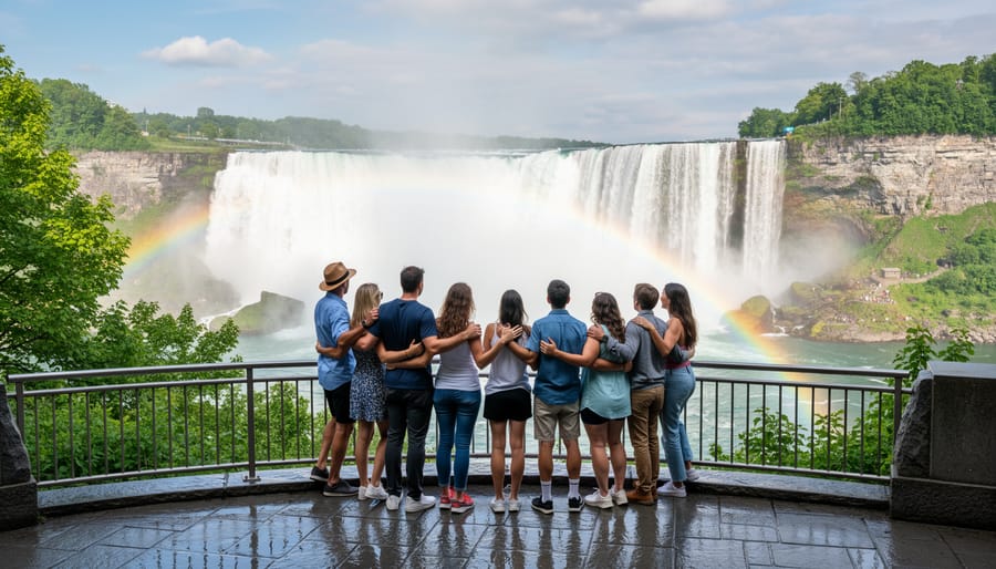 Wedding couple holding hands near a ceremony setup with Niagara Falls and mist in the background