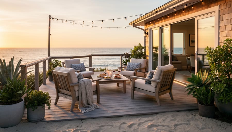 Wedding couple toasting on an oceanfront patio at a coastal retreat centre