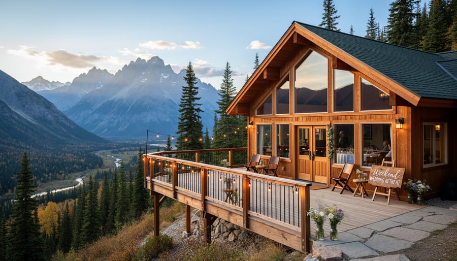Wedding guests on a mountain lodge balcony with panoramic Rocky Mountains in the background