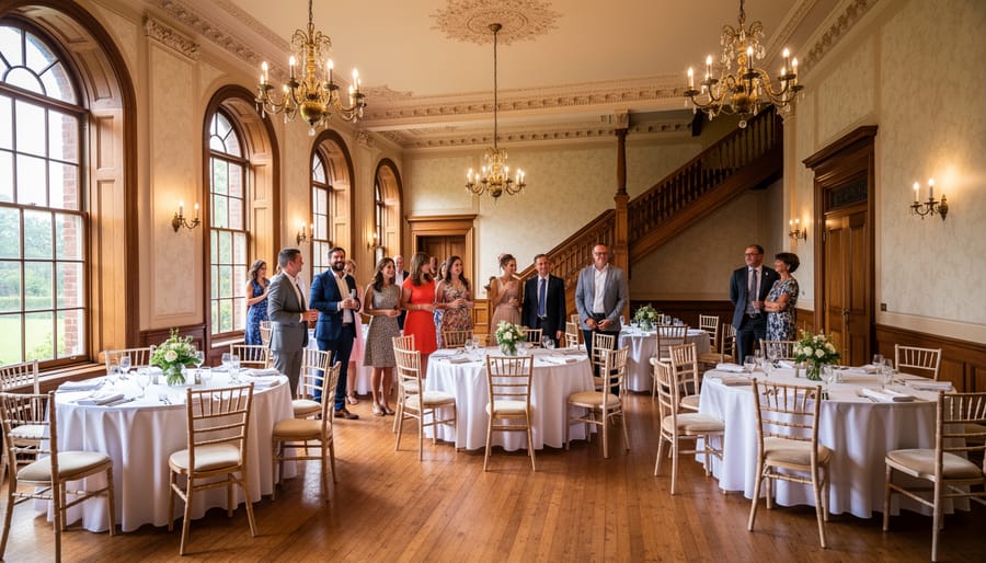 Historic manor terrace garden setup for a micro wedding with stone steps and greenery
