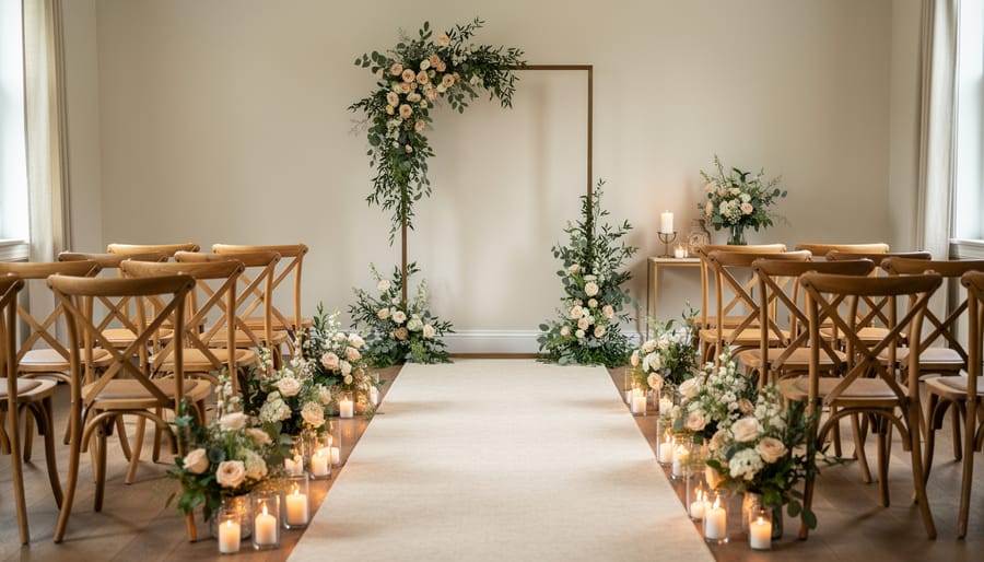 Intimate wedding ceremony setup with floral arch and chairs for a small group in natural daylight