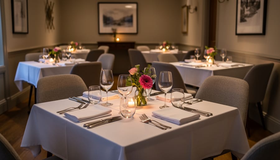 Wedding couple seated in a small private dining room reception with place settings and warm lighting