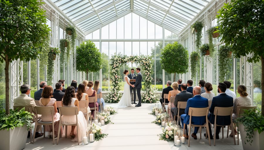 Sunlit conservatory interior with greenery and small wedding seating arrangement